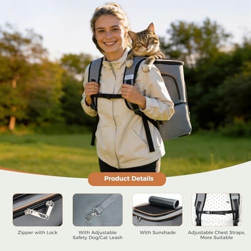 Lekereise Pet Carrier Backpack Expandable Cat Backpack Carrier for Small Dogs Large Cats Puppies, Dog Backpack Carrier for Hiking Travel Outdoor Hold Pets Up to 20 25 Lbs, Grey
