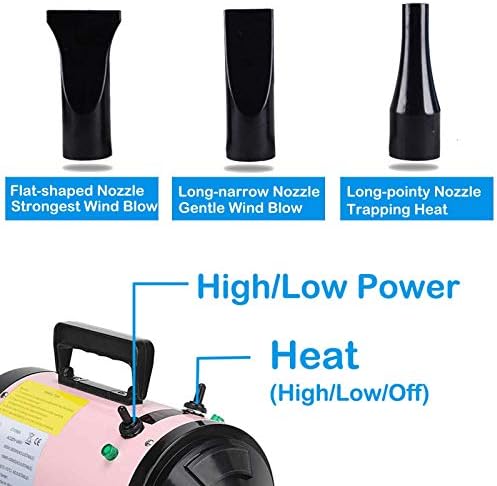 Dog Hair Dryers Blaster, Dog Grooming Dryer, High Velocity Dryer Low Noise, Motorbike Dryer with 3 Nozzles 2.5M Hose, Pink 1 Year Warranty