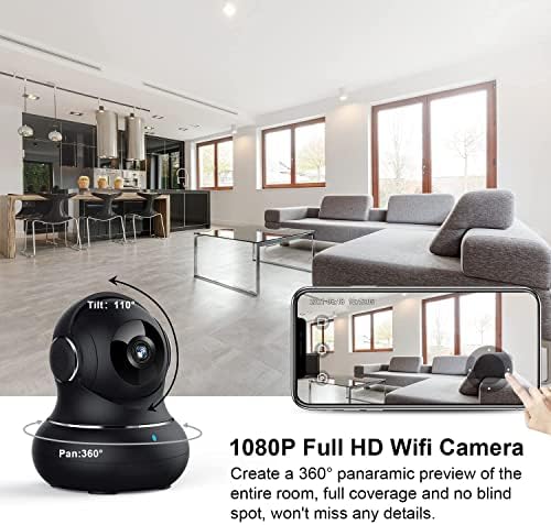 Indoor Camera, 1080P Home Security Camera, Pet Camera with Phone App,Night Vision, Motion Detection, 2-Way Audio, 360 Degree WiFi Camera Wireless for Baby/Dog/Nanny, Work with Alexa(Black)