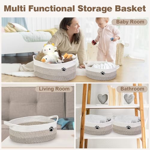 Optish Dog Toy Basket, Toy Box and Bin for Dog Cat Storage, 13.5" X 11" X 5" Small Woven Rope Basket for Baby Storage, Closet, Living Room, White & Brown