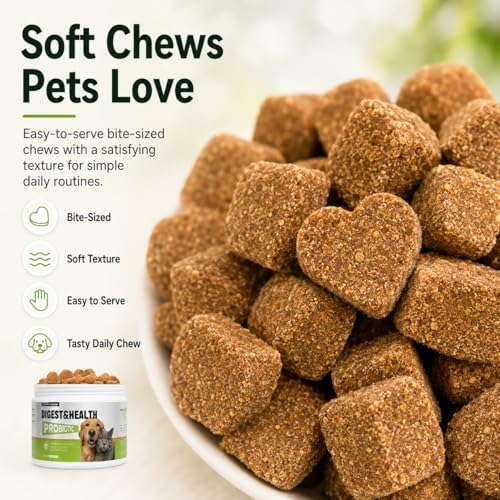 Pets Probiotic Chews for Digestive Health & Gut Health Support, 5-Strain Blend, Prebiotics & Enzymes, Pumpkin, Papaya, Skin & Coat, Immune Support, Chicken Flavor, 100 Count