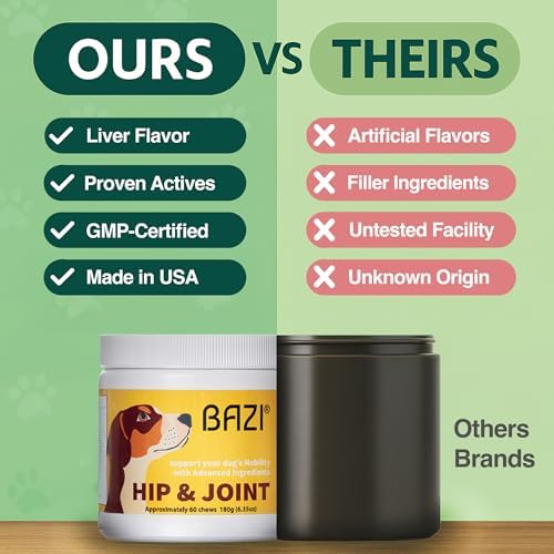 BAZI Hip & Joint Dog Chews – Glucosamine, Chondroitin, MSM, Turmeric & Collagen for Joint Health & Mobility – High-Potency Supplement for Dogs of All Breeds & Sizes – Active Lifestyle Support