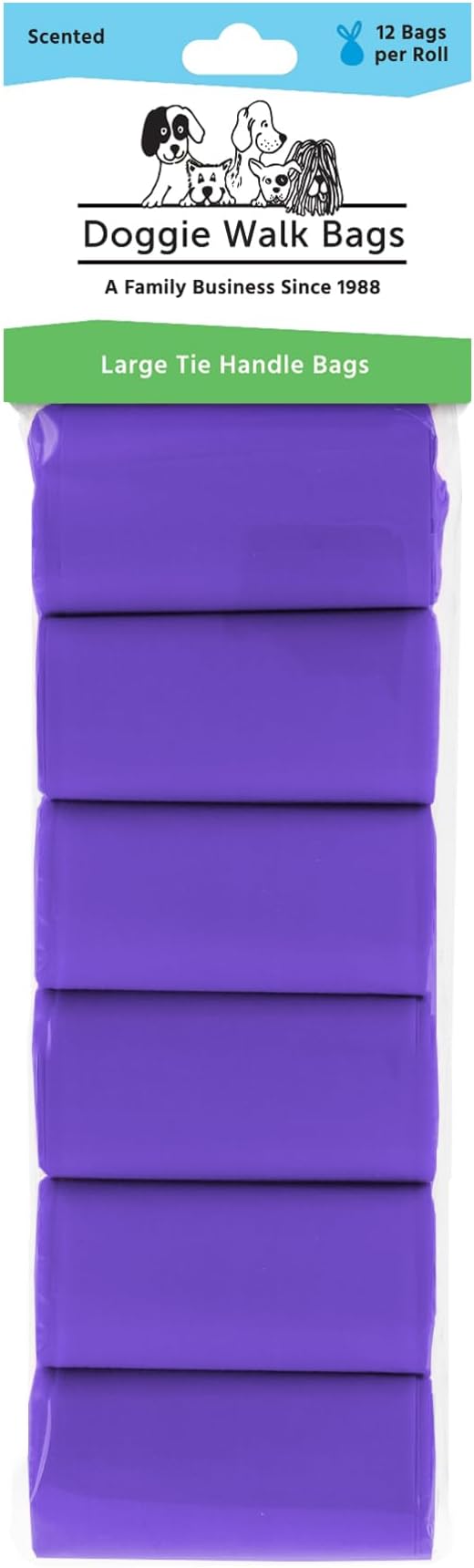 Large Dog Waste Bags on a Roll with Easy Tie Handles, Extra Thick and Strong Dog Poop Bags, 288 Count, Scented, 5.5 x 5.5 x 17 Inches, Purple