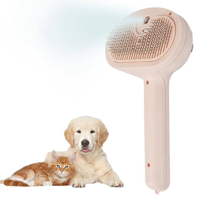 3-in-1 Steam Grooming Brush for Dogs & Cats, Self-Cleaning Detangling Comb with Cool Mist, Reduces Shedding & Static, Ideal for Long & Short Haired Pets, Pink