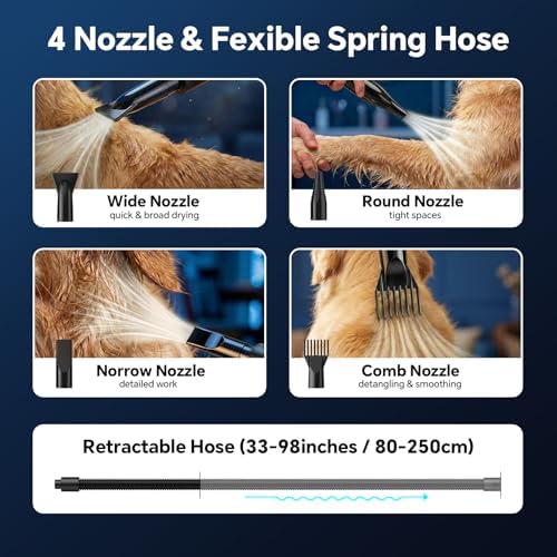Dog Dryer High Velocity Dog Hair Dryer 5.2HP/3800W, Stepless Adjustable Speed Temperature Dogs Grooming Blow Dryer, Pet Dryer with 4 Nozzles,Blow Dryer for Dogs, Blue