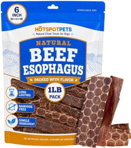 hotspot pets Beef Esophagus Dog Treats (6 INCHES) (1LB Bag) Grass Fed with No Added Hormone All Natural Jerky Dog Treats - Chews Rich in Glucosamine & Chondroitin for Joint Health