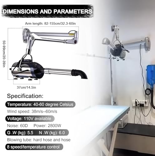 2800W Wall Mounted High Velocity Blow Dryer for Dogs - Professional Pet Hair Dryer, Adjustable Speed and Temperatur, Low Noise Dog Blow Dryer, Multiple Nozzles