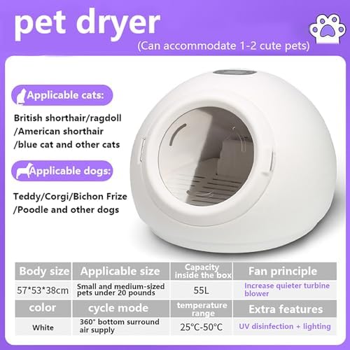 Ultra Quiet Automatic Pet Dryer for Cats & Small Dogs, Adjustable Temperature & Timer, Safe & Efficient Hair Drying Box for Home Grooming