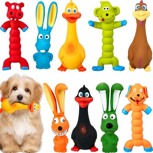 Wettarn 9 Pcs Latex Squeaky Dog Toys 7 Inch Soft Rubber Dog Chew Toy Animal Standing Stick Puppy Fetch Interactive Play Assorted Animal Accessories Gift for Small Medium Large Pet Christmas(Classic)
