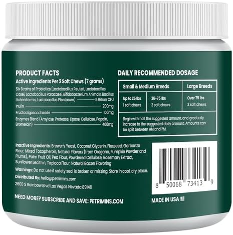 Advanced Probiotic for Dogs, Supports Digestive Health, Immune Health, Gut Health, Improves Nutrient Absorption - Six Strains of Probiotics - Inulin - Enzyme Blend, 90-Count, Bacon