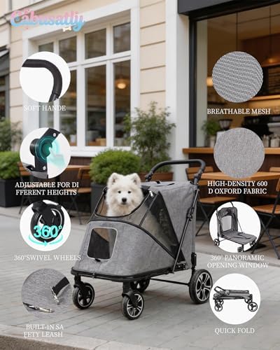 Large Dog Stroller for Medium Dogs - Gray, up to 110lbs, Easy Entry