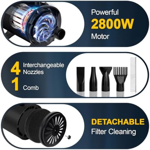 NESTRAOD High Velocity Dog Dryer for Grooming,2800W Dog Hair Dryer with Adjustable Speed and Heater,Professional Pet Blow Grooming Dryer with 4 Nozzles,Black