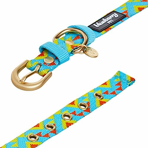 Blueberry Pet Southwestern Tribal Triangles River Blue Adjustable Dog Collar with Metal Buckle, Neck 19.5-26", for Large Breed