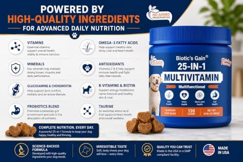Biotic’s Gain 25-in-1 Multivitamin for Dogs | Chicken Flavour Soft Chews | Supports Skin, Heart, Hip & Joint and Gut Health | Daily Nutrient Boost for All Breeds (25 in 1 Multivitamins)