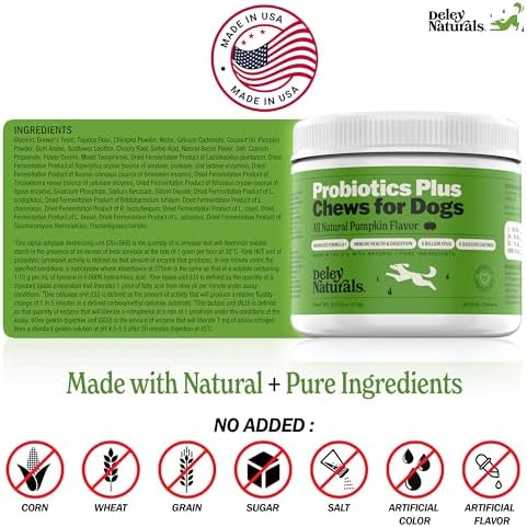Deley Naturals Probiotics Plus Chews for Dogs - Gut Health Supplement with 5 Billion CFU's & Digestive Enzymes - Prebiotics for Dog Allergies, Diarrhea & Yeast - 90 Count Pumpkin Flavor Made in USA