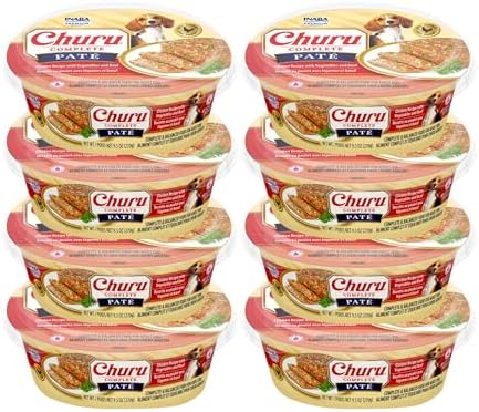 INABA Churu Complete Pate for Dogs, Grain-Free, High Protein & Moisture, Wet Dog Food with Fish Oil, 9.52oz. Cup, 8 Cups, Chicken Recipe with Vegetables & Beef