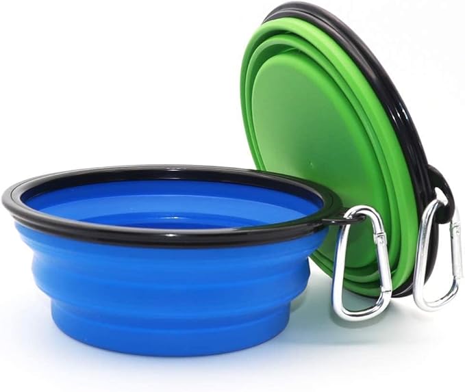 Large Dog Bowl Collapsible, 2 Pack, with Carabiners, Large, Blue+Green