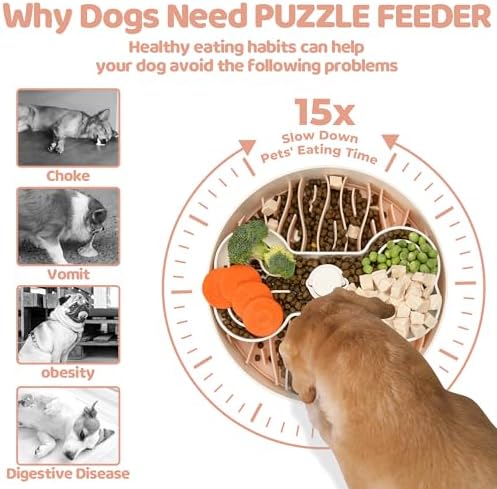 Puzzle Feeder Slow Feeder Dog Bowl for Large Dogs with Non-Slip Base - Adjustable Speed Design, Removable Puzzle Inserts & Dishwasher Safe, Pink