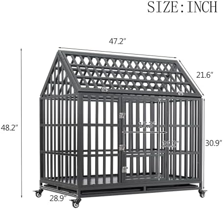 48 Inch Heavy Duty Dog Crate, ACIDBOLT Indestructible Escape Proof XL Dog Kennel Cage for Large Medium Small Dogs, High Anxiety Pet Crate with 2 Door, Lockable Wheels and Removable Tray