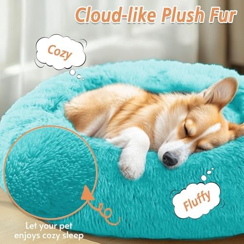 JOLLYVOGUE 31" Calming Donut Dog Bed, Aqua Blue