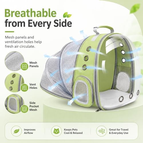 Expandable Cat Carrier Backpack with Bubble Window and Mesh, Light Green