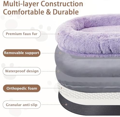 ROOMTEC Human Dog Bed, 71''x45''x12'' Size Fits Adult Pet Washable Oversize People Bed 10 CM Thick Memory Foam Large Giant Pet Bed with Plump Pillow, Blanket, Strap - Purple