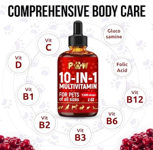 Liquid Multivitamin for Dogs with Glucosamine – Help with Allergies & UTIs – Dog Vitamins and Supplements – Cat Multivitamin for Hips & Joints – B, C & D3 for Coat Shining & Digestion – 2 oz