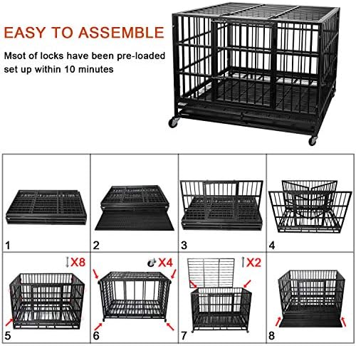 Otaid Heavy Duty Dog Crate with 4 Wheels, Dog Crates for Large Dogs, Double Door Strong Metal Dog Kennel with Removable Tray. Easily Removable Dog Cage for Travel, Indoor&Outdoor (Black, 48 Inch)