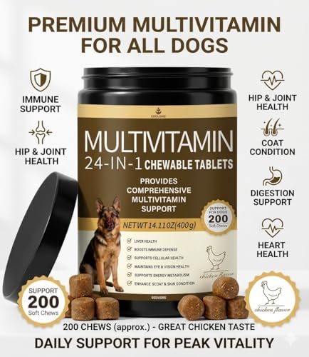 All-in-One Dog Multivitamin Chews 200Ct – with Salmon Oil, Turmeric & Probiotics for Joint, Immune & Skin Support, Vet-Approved Natural Chicken Flavor Soft Chews for All Breeds & Ages