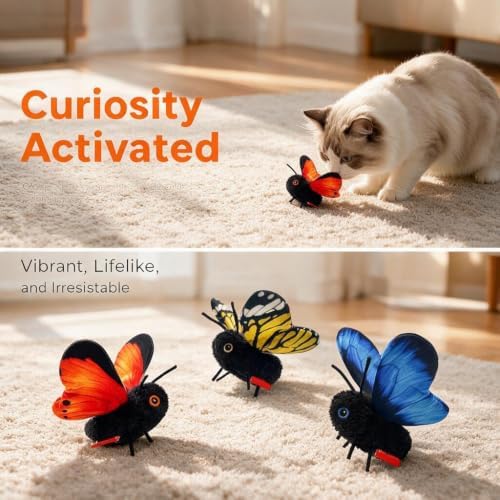 Smart Sensing Flapping Butterfly Toy Interactive Cat and Dog, Interactive Butterfly Cat Toy,Realistic Wing Motion Encourages Stalking,Sensor Triggered,Durable Plush Build(Yellow)