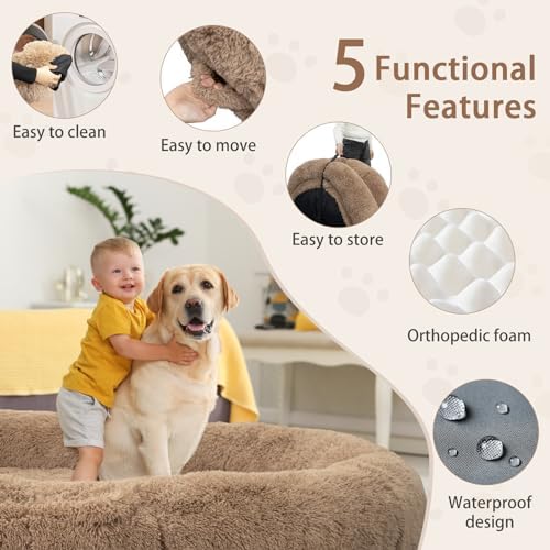 ROOMTEC Human Dog Bed, 71''x45''x12'' Size Fits Adult and Pet Washable Giant People Bed 10 CM Thick Memory Foam Large Oversize Pet Bed with Plump Pillow, Blanket, Strap - Khaki