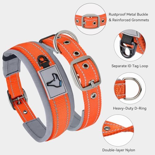 Joytale Reflective Dog Collar for Medium Dogs with Wide Padding, Orange