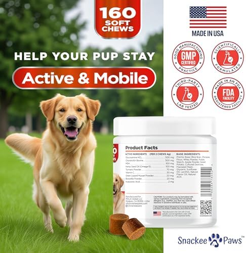 Hip and Joint Supplement for Dogs - Glucosamine for Dogs - Approx 160 Joint Pain Relief Chews - Chondroitin, MSM - Hemp Oil - Advanced Canine Health Supplement - Mobility Support Treats