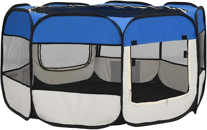 Foldable Dog Playpen 49.2x49.2x24 Inches with Carrying Bag, Blue Steel Frame Playpen for Training, Sleeping, and Play Area with Mesh Roof and Side Pockets