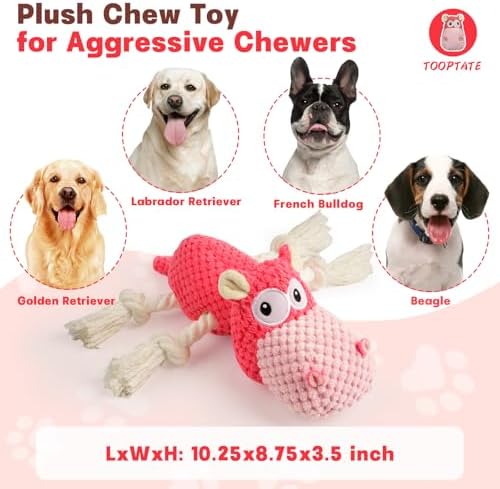 TOOPTATE Hippo Squeaky Dog Toy, Pink, Medium | Cute Plush Design, Rope Legs for Tugging, Helps Keep Dogs Busy, Suitable for Small, Medium, and Large Dogs