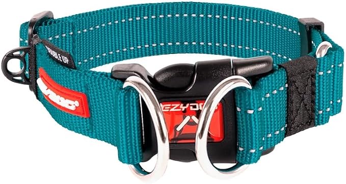 EzyDog Double Up Dog Collar, Strong Double D-Rings - Large, Teal | Dual D-Rings for Superior Strength, Safety, and Comfort, Soft Touch Nylon Webbing, Reflective Stitching, Id Attachement Point