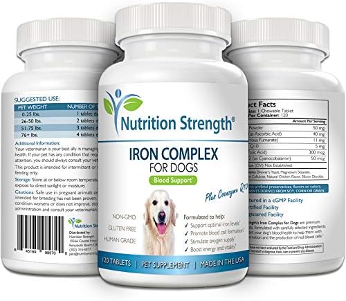 Iron for Dogs with Anemia to Support Blood Health, Blood Cell Formation & Oxygen Supply, Iron Supplement for Anemic Dogs + Vitamin C, Folate, Vitamin B12, 120 Chewable Tablets