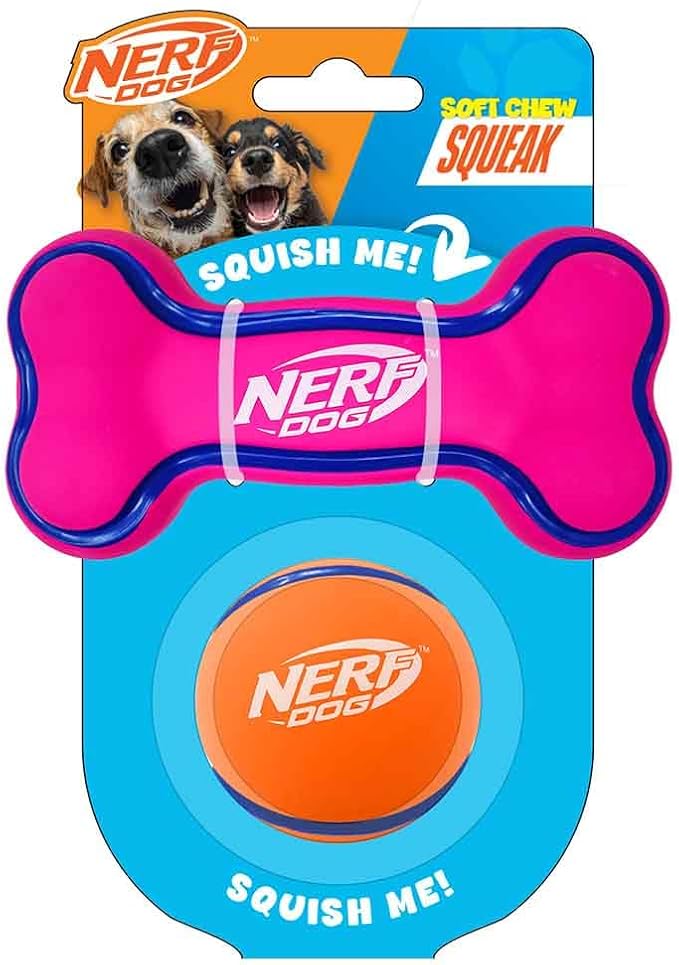 Nerf Dog 2.5in Latex Squeak Ball and 5in Latex Squeak Bone 2-Pack -Pink/Blue and Orange/Blue