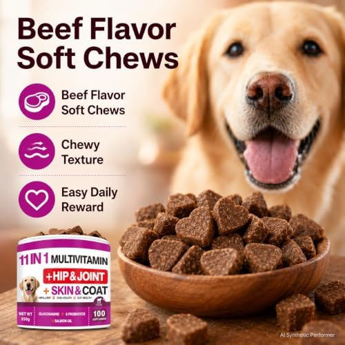 11 in 1 Dog Multivitamin Soft Chews, Daily Vitamins for Dogs with Glucosamine, Probiotics, Salmon Oil, Omega Fatty Acids, Hip & Joint Support, Skin & Coat Care, Gut Health Nutrition, Beef Flavor
