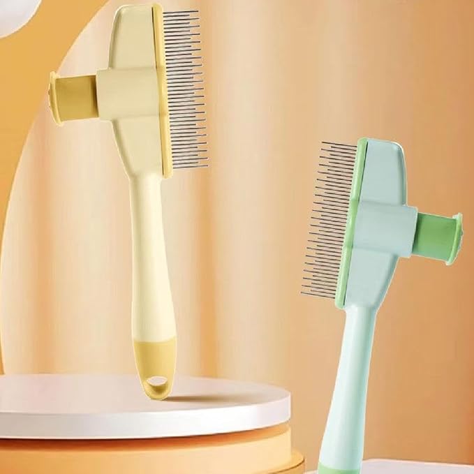 Self-Cleaning Cat Grooming Brush - Flea Comb for Cats & Dogs with Release Button, Pet Hair Removal for Shedding & Fleas, One-Click Cleaning (2025)(Yellow)