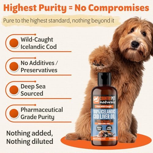 Wild-Caught Pure Icelandic Cod Liver Oil for Dogs & Cats 8oz, Single-Ingredient, 1150 mg Omega-3, High EPA/DHA, Natural Vits A&D, Supports Healthy Skin, Coat & Mobility, 8oz bottle