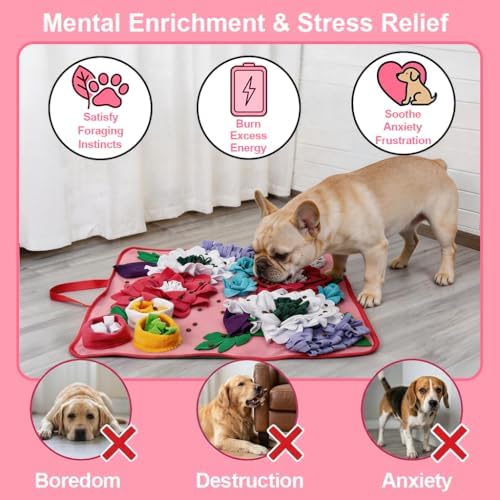 Vextronic Snuffle Mat for Dogs, Large Breed Slow Feeder Interactive Toy | 25x25-inch washable mat. Sparks natural foraging. Eases anxiety. Slows gulping at meals. Fits small to large pets. Pink.