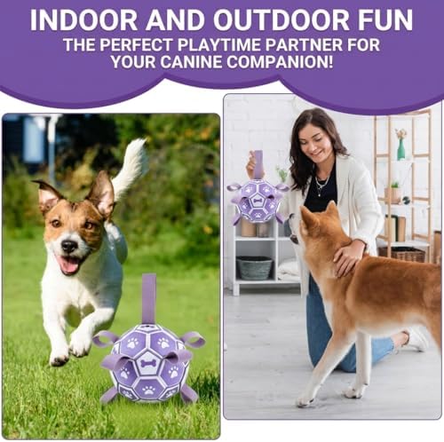 Dog Toys Balls, Dog Soccer Ball with Straps, Dog Birthday Gifts, Durable Balls for Small Medium Pet, Puppy Outdoor Toy, Pet Training Soccer Ball, World Cup Soccer (6 Inch) (Purple, Large)