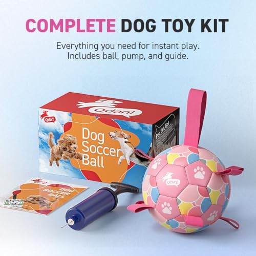 QDAN Dog Soccer Ball Toy with Strap, Pastel Color Puppy Toys Gifts, 6 Inch | Waterproof Durable PU Leather, for Small and Medium Dogs and Puppies, for Park, Outdoor and Pool Chase Play Herding Jolly