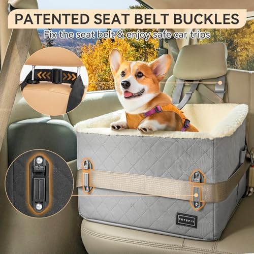 PETSFIT Small Dog Car Seat, Soft Foam, Storage Pockets, Detachable Leash, 30 lbs, Grey