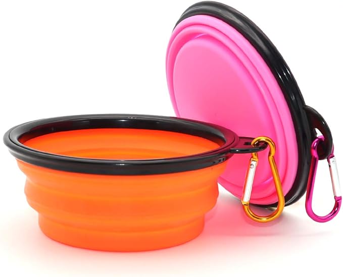 SLSON Collapsible Dog Bowls, 2 Pack, with Carabiners, Small, Orange+Pink