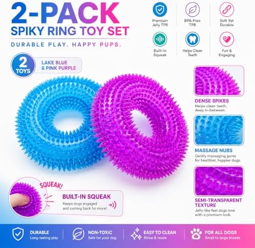 Dog Chew Toy, Squeaky Floating Donut Rings, 2-Pack, Blue & Purple