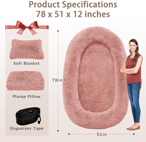 ROOMTEC Human Dog Bed, 78''x51''x12'' Size Fits Adult and Pet Washable Giant People Bed 10 CM Thick Memory Foam Large Oversize Pet Bed with Plump Pillow, Blanket, Strap - Pink