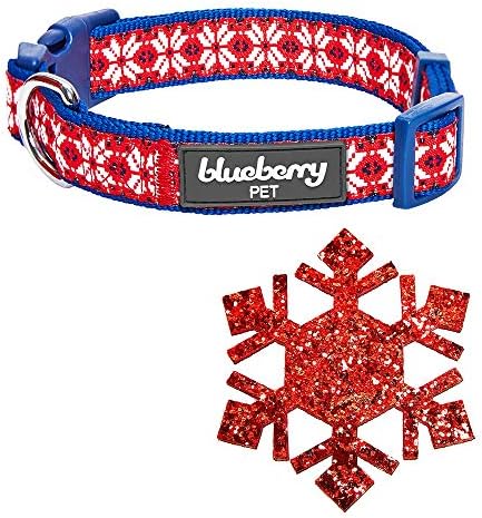 Blueberry Pet Small Christmas Dog Collar – Snowflakes Designer Collar with Bow, 12"-16" Neck, Eco-Friendly Glitter Décor for Holiday Pets