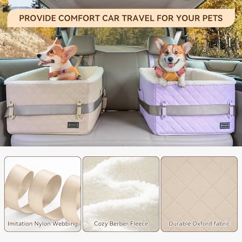 PETSFIT Small Dog Booster Car Seat, Soft Foam, Storage Pockets, Detachable Leash, Under 30 lbs, Khaki